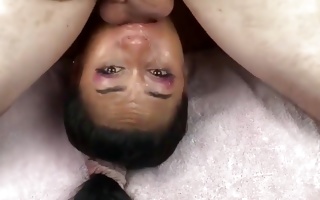 Beautiful dark-haired gets face fucked and cum pressed